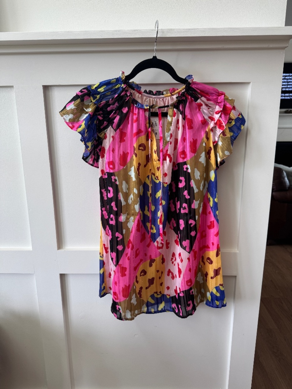 Moving Uptown Pink Mix Ruffle Sleeve Blouse Top Large NWT